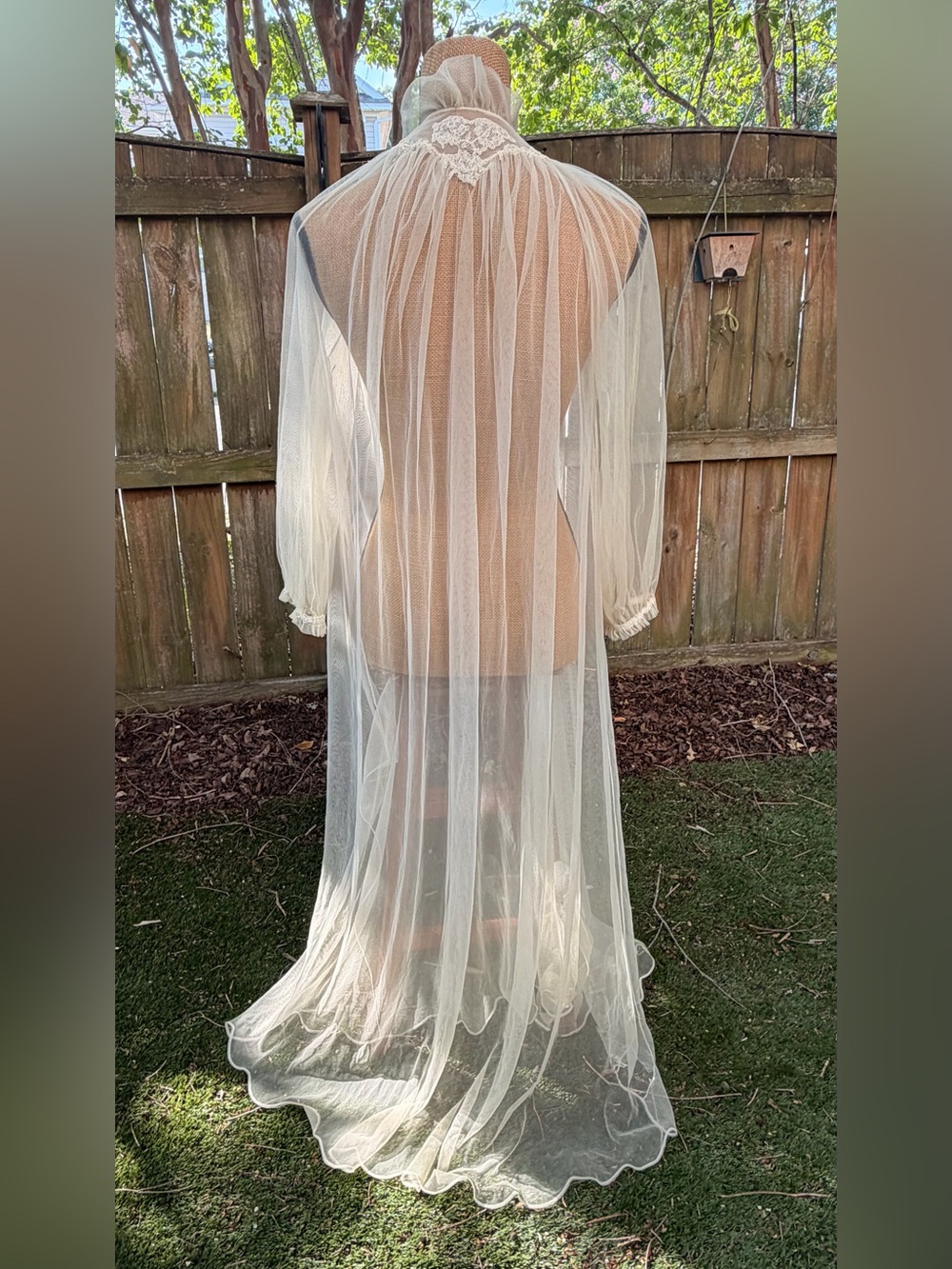 Vintage 1950s Sheer Long Ivory Tulle Robe with Billowy Sleeves - Picture 2 of 13